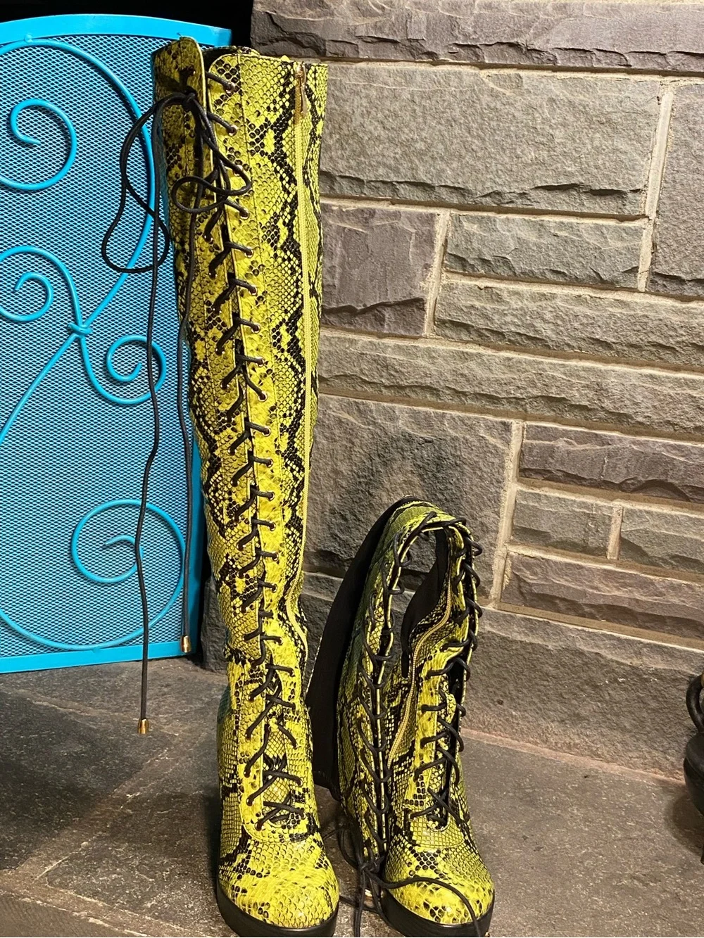 KILLSTAR Gothic Punk tall lace up boots,black/neon green snakeskin platform heel